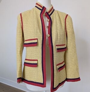 Elegant Yellow Jacket with Red and Blue Accents